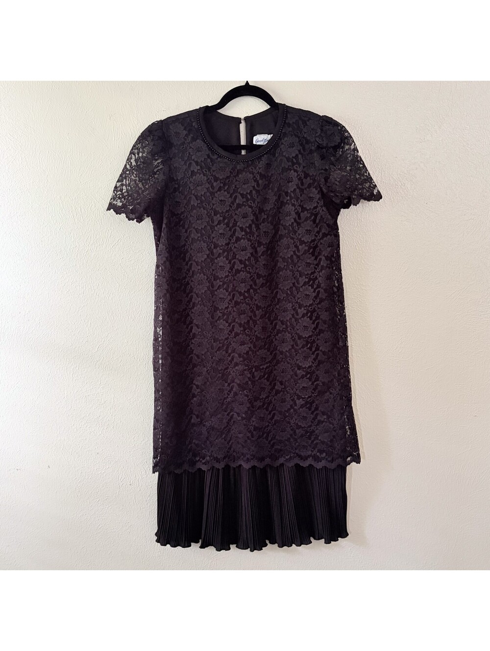 Black Drop Waist Midi Dress Lace Overlay Pleated Size 10 90s Goth Witchy - Picture 2 of 7